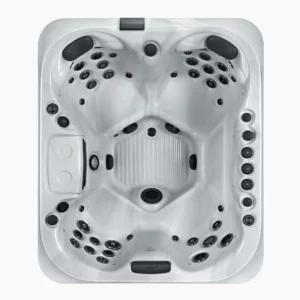 Oberansicht des kompakten Whirlpools Capri; weiße marmorierte Innenwanne mit anthrazitfarbener Außenverkleidung, unbefüllt vor weißem Hintergrund.