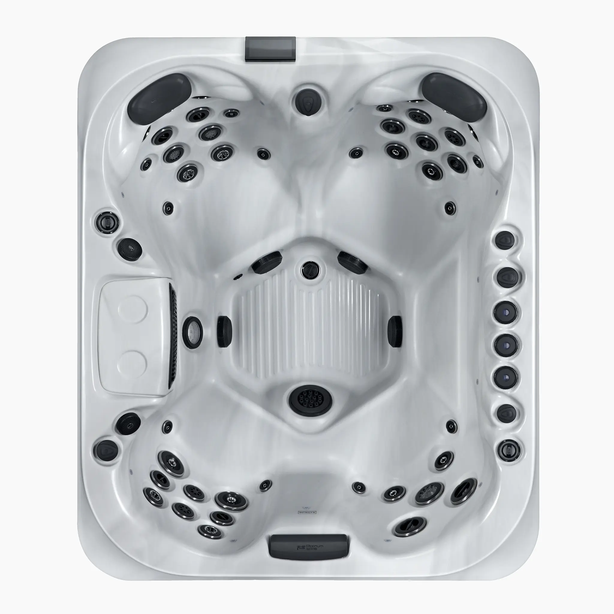 Oberansicht des kompakten Whirlpools Capri; weiße marmorierte Innenwanne mit anthrazitfarbener Außenverkleidung, unbefüllt vor weißem Hintergrund.