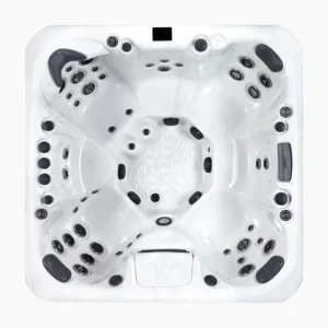 Draufsicht des Columbo Whirlpools mit dunkler Holzverkleidung, weißem Wannenrand und blau leuchtenden LED-Zierleisten an den Ecken vor weißem Hintergrund.