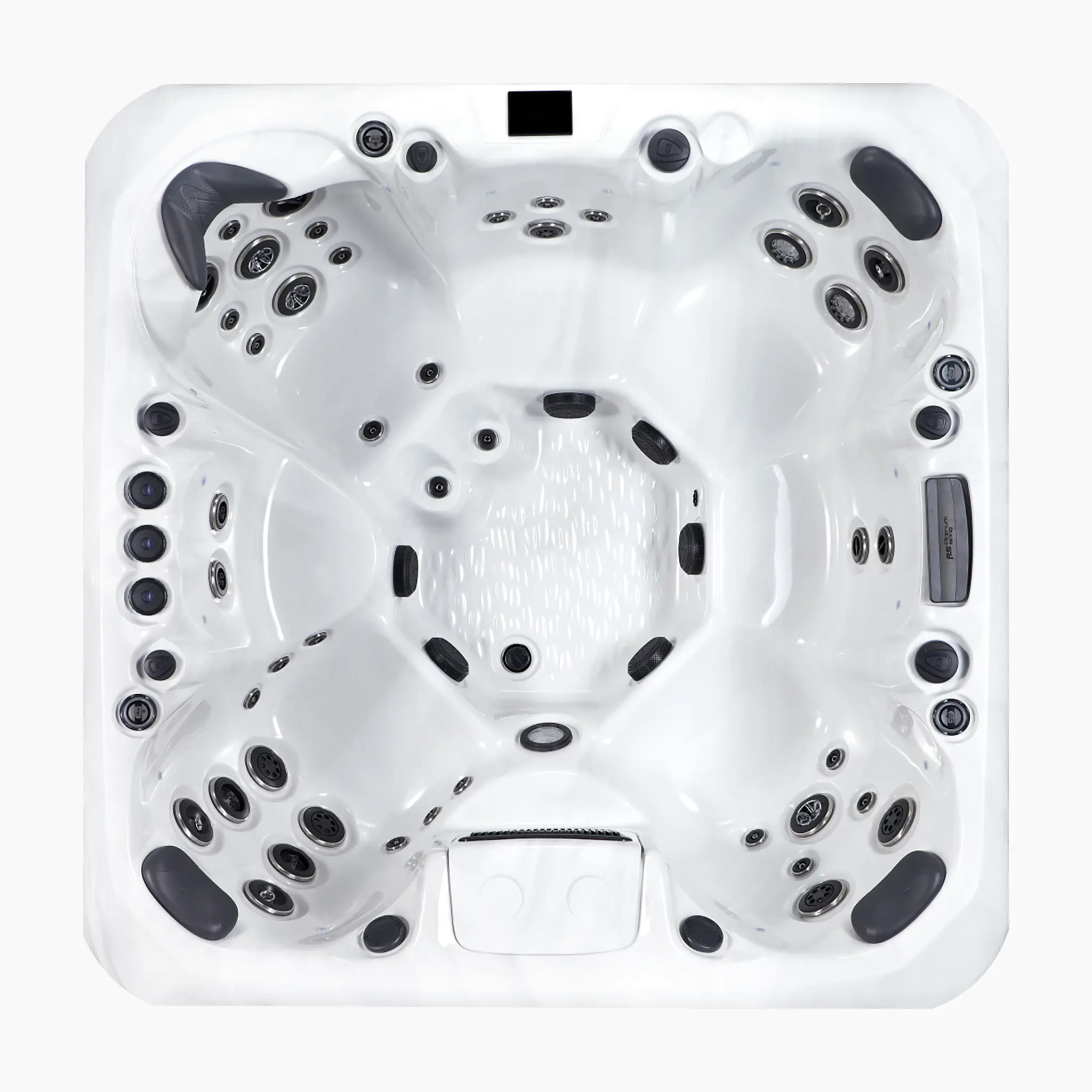 Draufsicht des Columbo Whirlpools mit dunkler Holzverkleidung, weißem Wannenrand und blau leuchtenden LED-Zierleisten an den Ecken vor weißem Hintergrund.