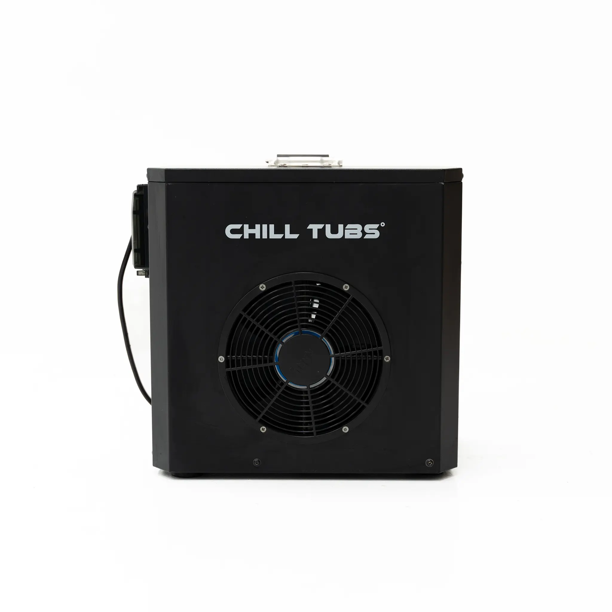 CHILL TUBS Mini Chiller Frontansicht mit integriertem Lüfter und Markenlogo für Eisbad-Kühlung