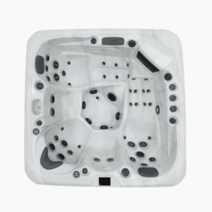 Draufsicht des Whirlpools Kenya, von oben. Sichtbar sind Sitzplätze und Massagedüsen sowie Sitzplatzanordnung.