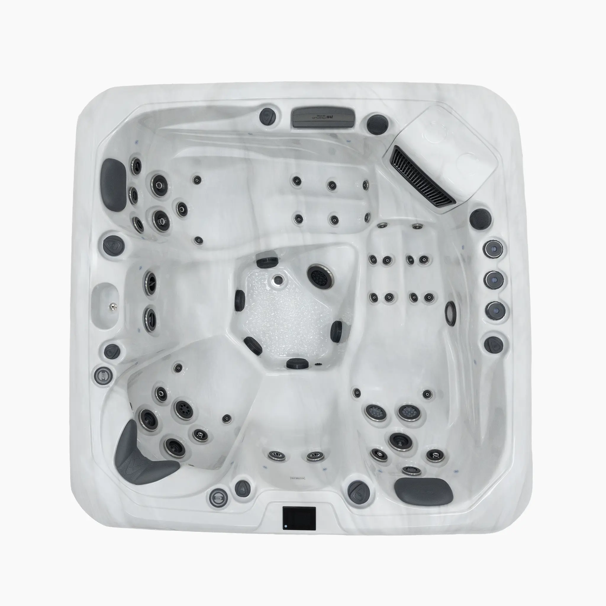 Draufsicht des Whirlpools Kenya, von oben. Sichtbar sind Sitzplätze und Massagedüsen sowie Sitzplatzanordnung.