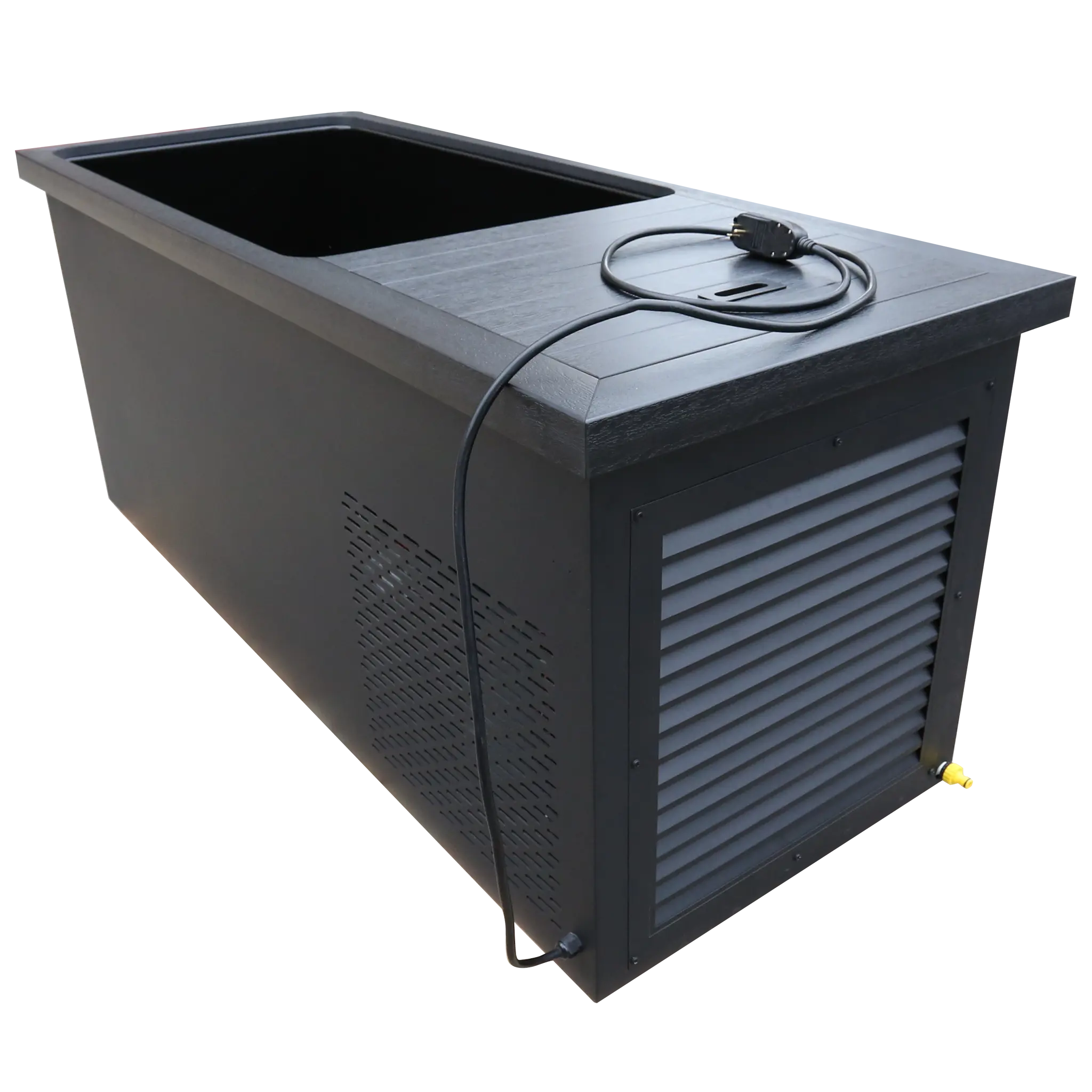Schwarzes rechteckiges Eisbad-System mit integrierter Technikverkleidung, seitlichem Lüftungsgitter und aufgelegtem Stromkabel auf der oberen Abdeckung