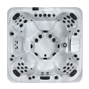 Draufsicht (Vogelperspektive) auf den quadratischen Whirlpool Palermo zur Darstellung der 5-Sitz-Konfiguration in Sterling Silver.