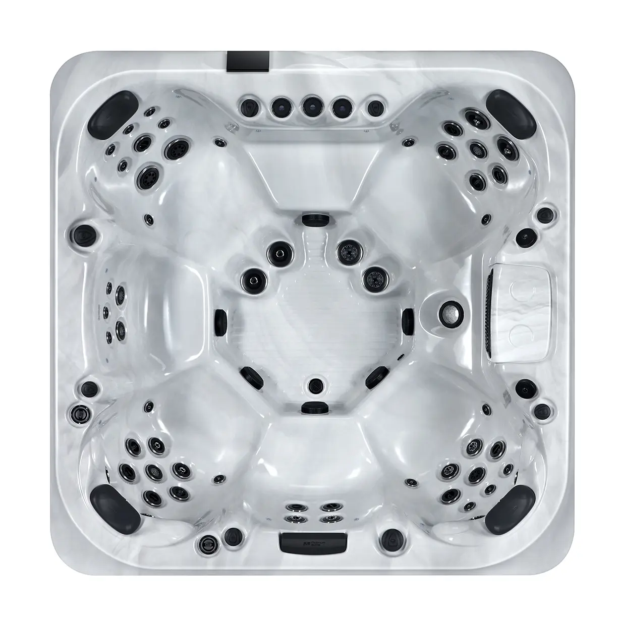 Draufsicht (Vogelperspektive) auf den quadratischen Whirlpool Palermo zur Darstellung der 5-Sitz-Konfiguration in Sterling Silver.