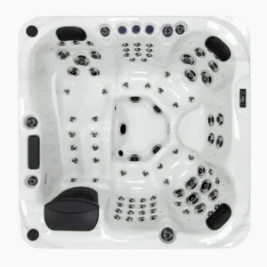 Oberansicht des Außenwhirlpools Palma mit Sterling-Silver-Innenwanne und dunkler Holzoptik-Verkleidung vor weißem Hintergrund.