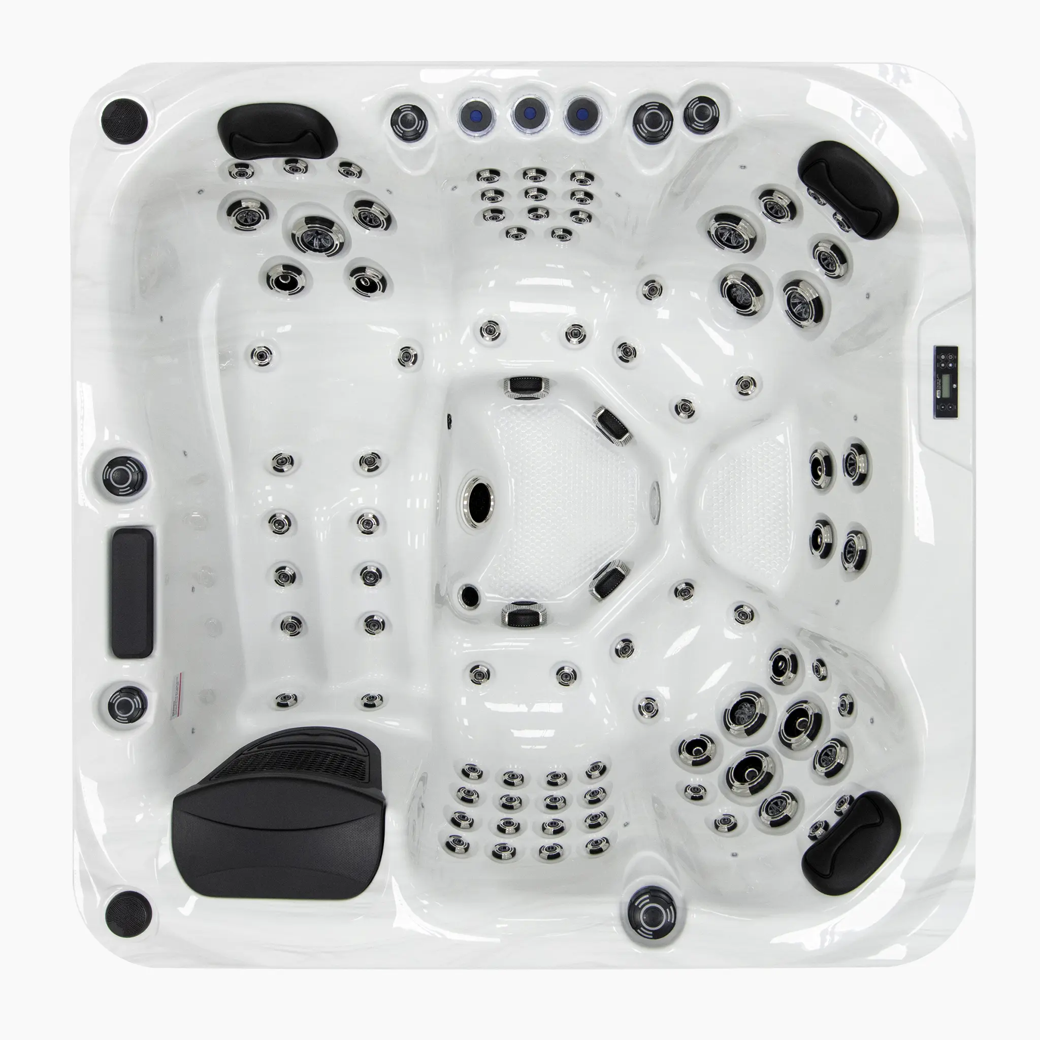 Oberansicht des Außenwhirlpools Palma mit Sterling-Silver-Innenwanne und dunkler Holzoptik-Verkleidung vor weißem Hintergrund.