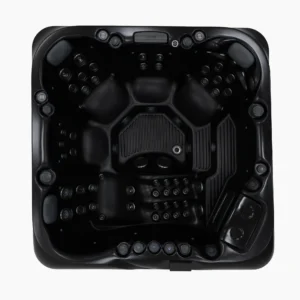 Oberansicht des Whirlpools Modell Positano in eleganter Vollausstattung: Schwarze Außenverkleidung mit integrierter roter LED-Eckbeleuchtung und passender schwarzer Acryl-Innenwanne.