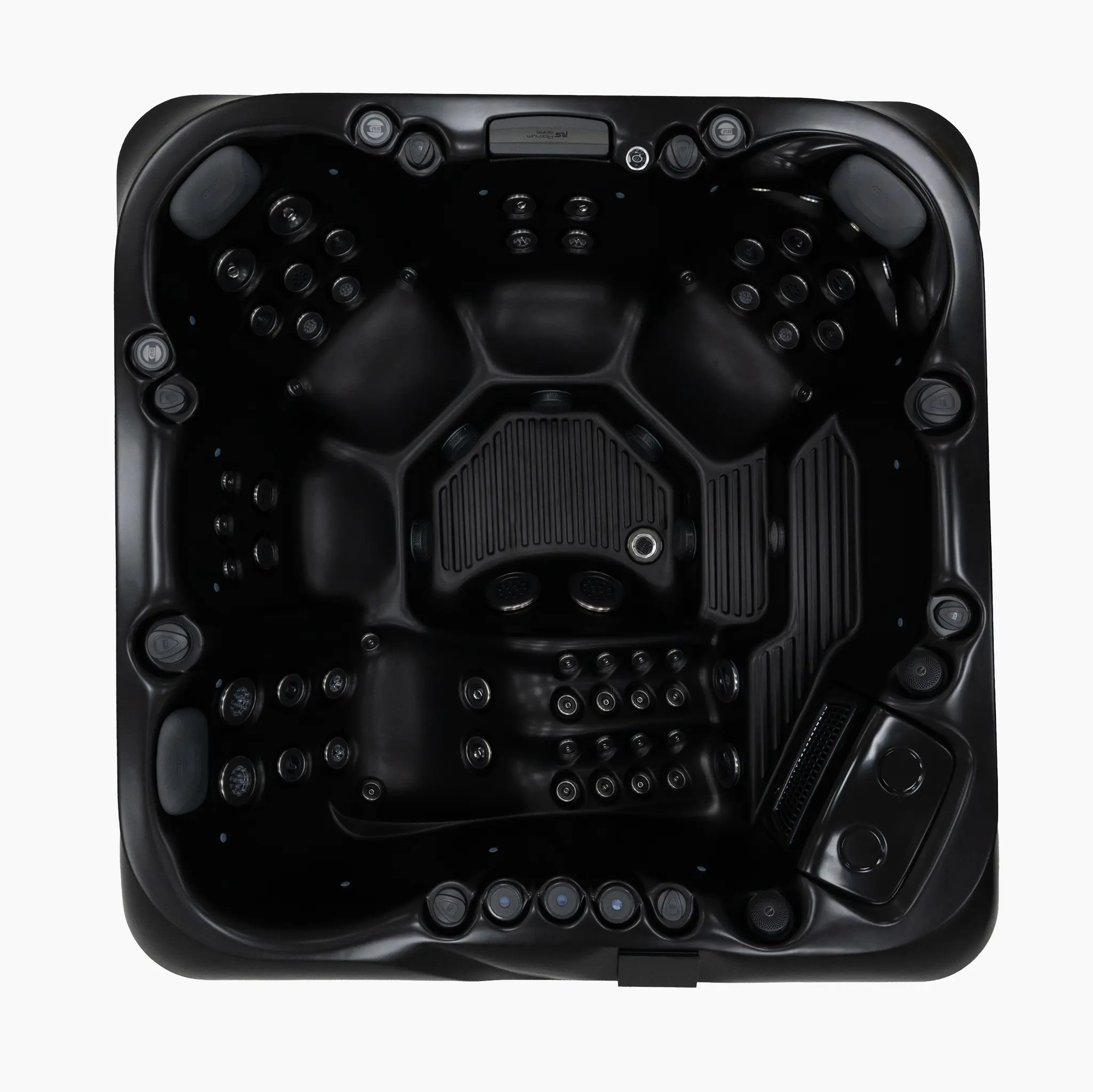 Oberansicht des Whirlpools Modell Positano in eleganter Vollausstattung: Schwarze Außenverkleidung mit integrierter roter LED-Eckbeleuchtung und passender schwarzer Acryl-Innenwanne.