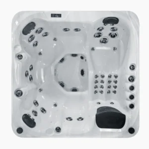 Frontale Ansicht des Whirlpools Refresh mit Fokus auf das bündige Bedienfeld und die strukturierte Außenverkleidung.