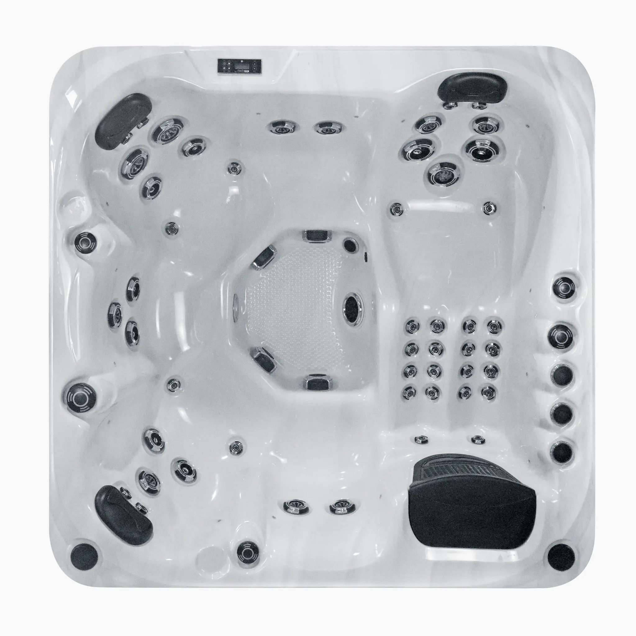 Frontale Ansicht des Whirlpools Refresh mit Fokus auf das bündige Bedienfeld und die strukturierte Außenverkleidung.