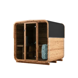 Moderne Gartensauna in Cube-Bauweise mit schwarzer Dachverkleidung, Panorama-Glasfront und sichtbarem Sauna-Säulenofen in der Seitenansicht.