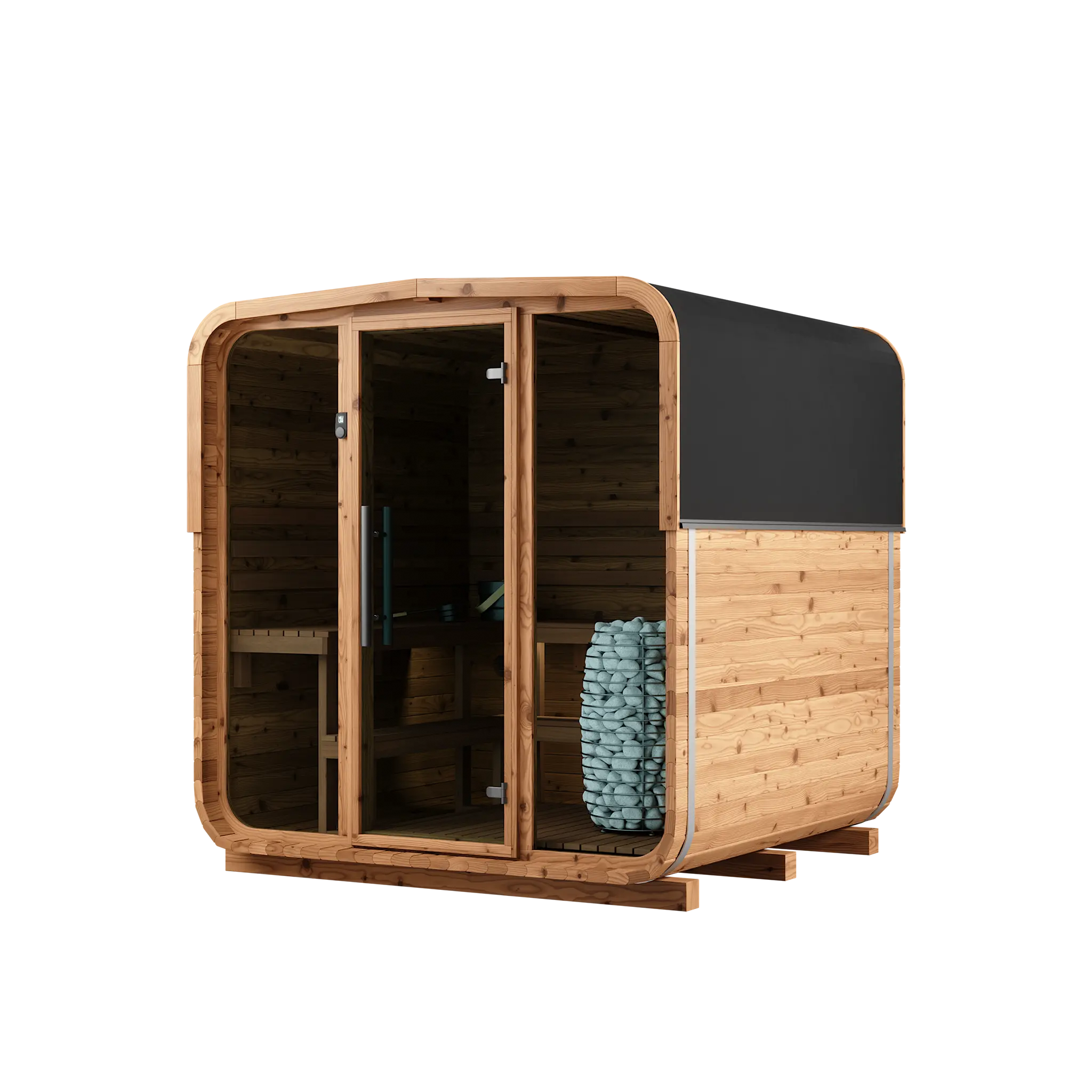 Moderne Gartensauna in Cube-Bauweise mit schwarzer Dachverkleidung, Panorama-Glasfront und sichtbarem Sauna-Säulenofen in der Seitenansicht.