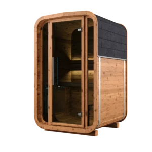 Kompakte Lignotherm Mini Quadro Außensauna in der Seitenansicht mit schwarzem Schindeldach und Panorama-Verglasung.