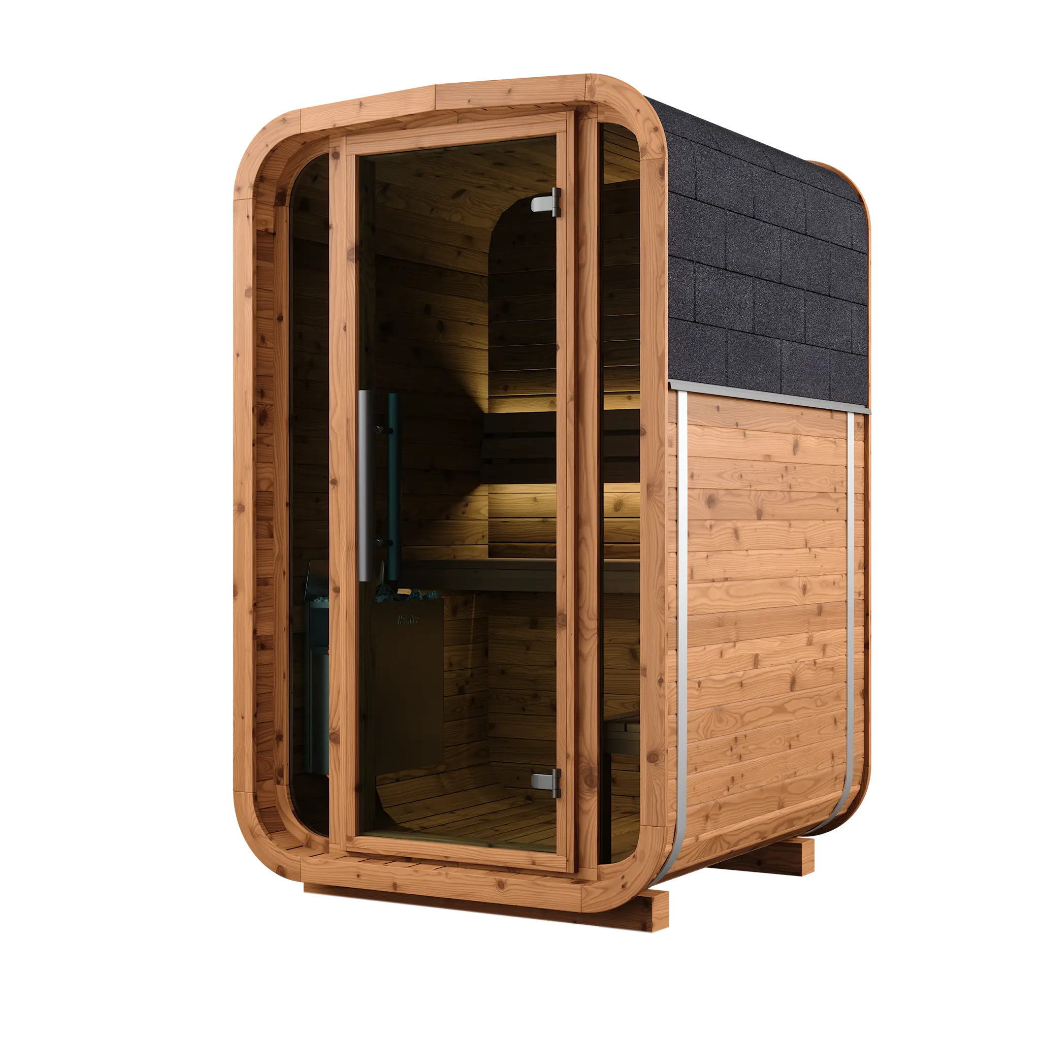 Kompakte Lignotherm Mini Quadro Außensauna in der Seitenansicht mit schwarzem Schindeldach und Panorama-Verglasung.