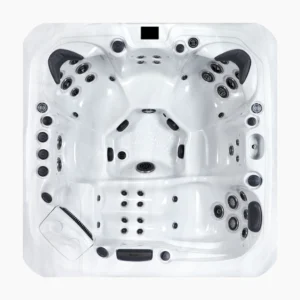 Draufsicht des quadratischen Santorini Whirlpools mit weiß-marmorierter Wanne, mit Blick auf das Innenlayout mit Liege- und Sitzflächen.