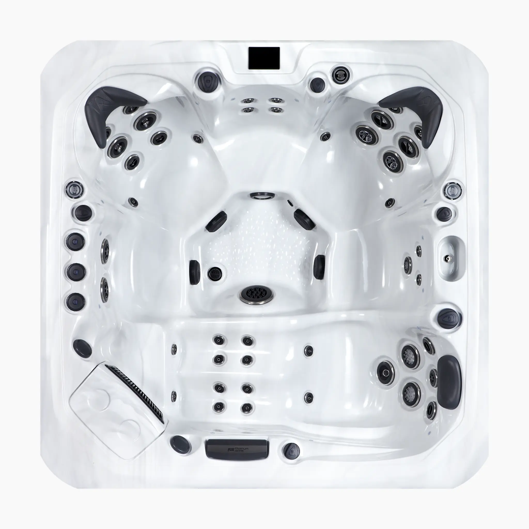 Draufsicht des quadratischen Santorini Whirlpools mit weiß-marmorierter Wanne, mit Blick auf das Innenlayout mit Liege- und Sitzflächen.