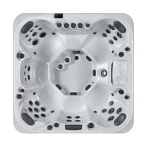 Draufsicht (Vogelperspektive) auf den quadratischen Whirlpool Sicily; zeigt die luxuriöse Anordnung der Massageplätze und das großzügige Fußraumdesign in Sterling Silver.