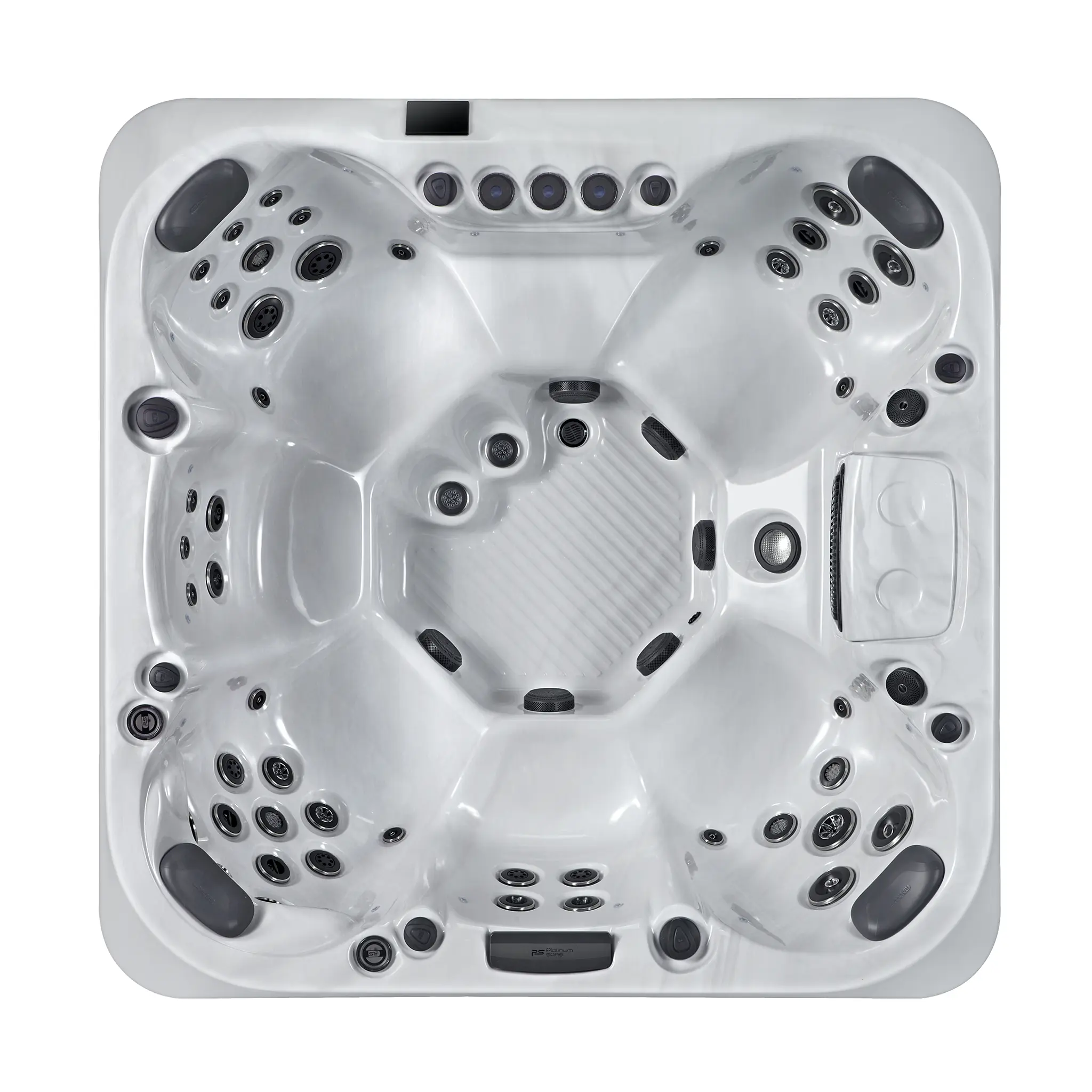 Draufsicht (Vogelperspektive) auf den quadratischen Whirlpool Sicily; zeigt die luxuriöse Anordnung der Massageplätze und das großzügige Fußraumdesign in Sterling Silver.