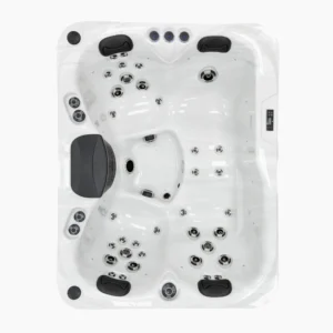 Oberansicht des rechteckigen Außenwhirlpools Tahiti mit grauer Verkleidung in Holzoptik und Sterling-Silver-Innenwanne vor weißem Hintergrund.