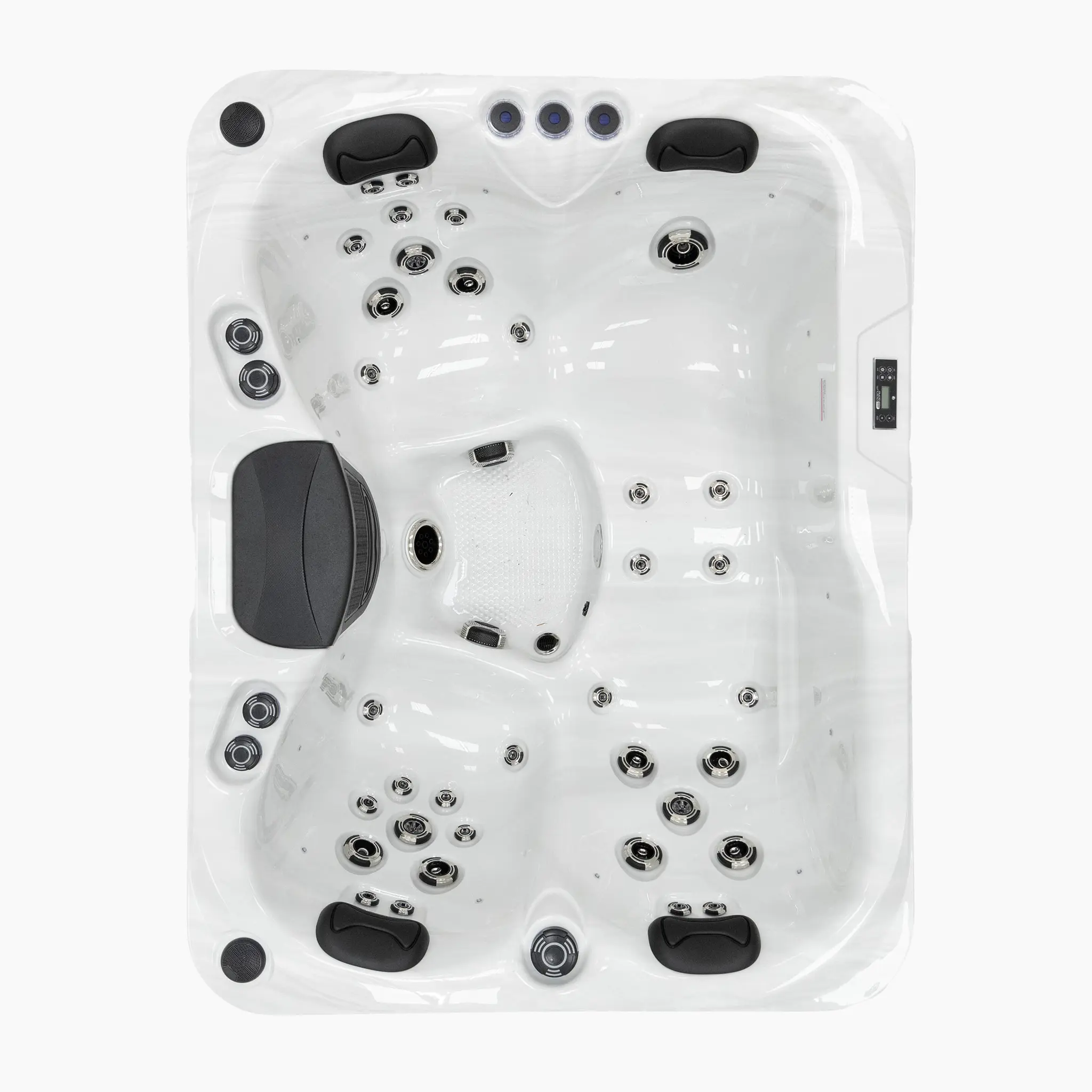 Oberansicht des rechteckigen Außenwhirlpools Tahiti mit grauer Verkleidung in Holzoptik und Sterling-Silver-Innenwanne vor weißem Hintergrund.