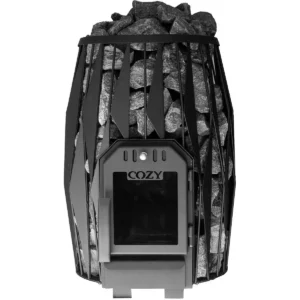 Cozy 12 OG Holz-Saunaofen mit gefülltem Steinkorb und Glastür.