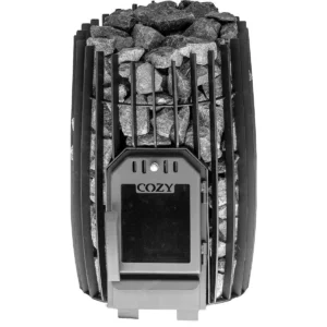 Frontansicht des Cozy 12 SW Holz-Saunaofens mit Glastür