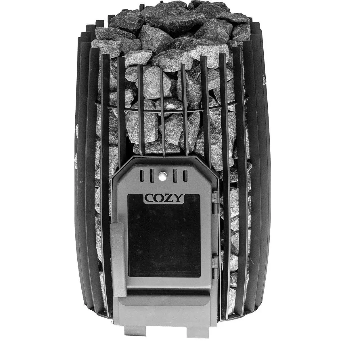 Frontansicht des Cozy 12 SW Holz-Saunaofens mit Glastür